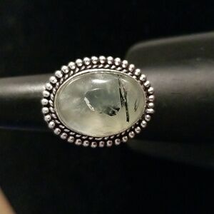 Oval Moss Prehnite Ring in Dotted Setting